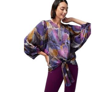 Chicos Satin Tie Front Blouse Womens 8 Multicolor Floral Abstract